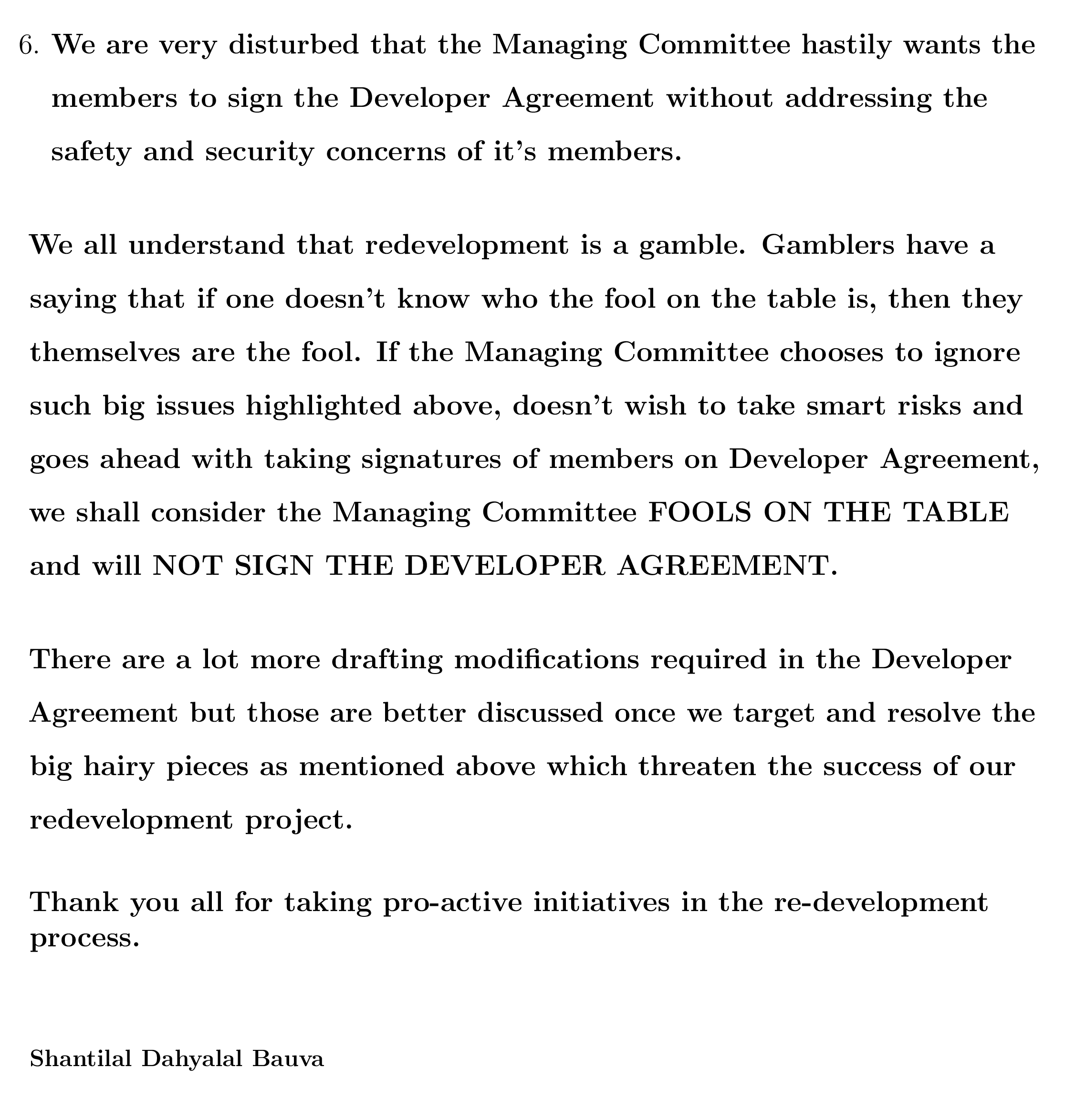 Letter explaining the shitty deal