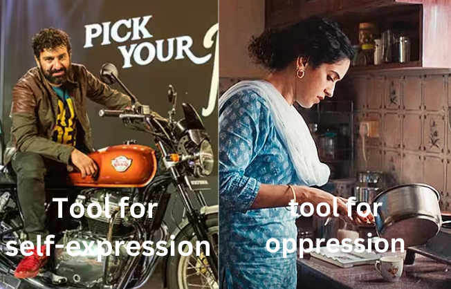 An image showing motorcycle as a tool for self-expression and Mrs movie showing cooking as oppression.