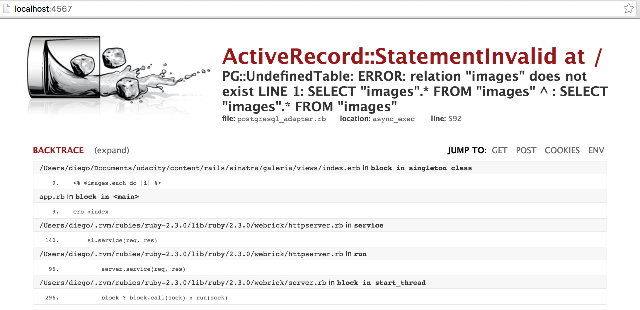 Image showing debug trace for an internal server error